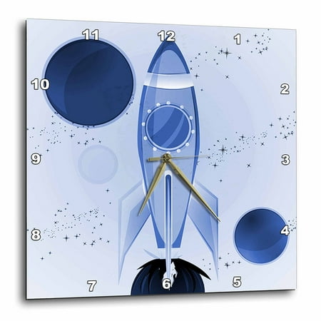 - 3dRose Boys Rocket Ship With Planets Design On A Light Blue Background, Wall Clock, 13 by 13-inch