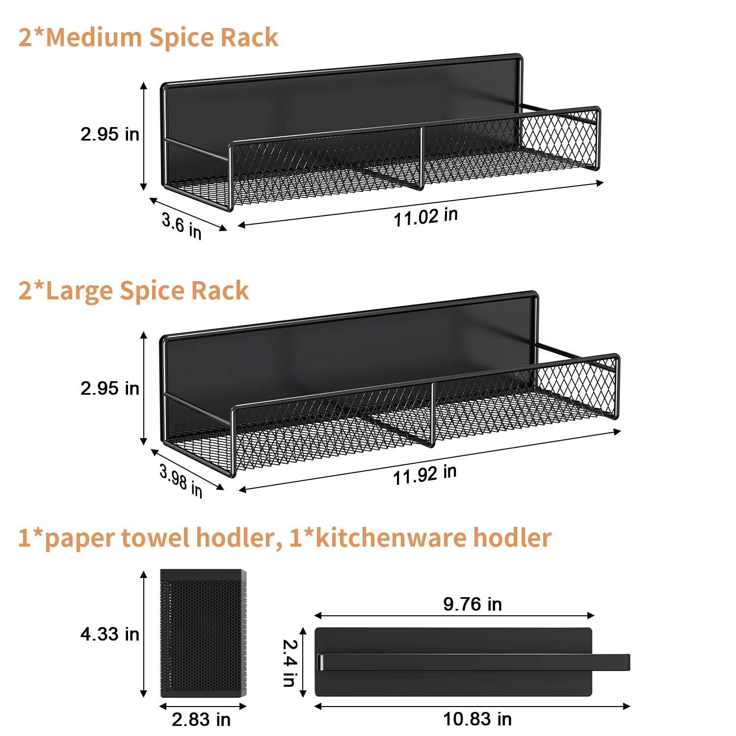 TINANA Magnetic Spice Rack, Refrigerator Organizer, 6 Pack Metal Black Magnetic Shelf with Paper Towel Holder, Utensils Holder, Strong Magnets, Space Saving