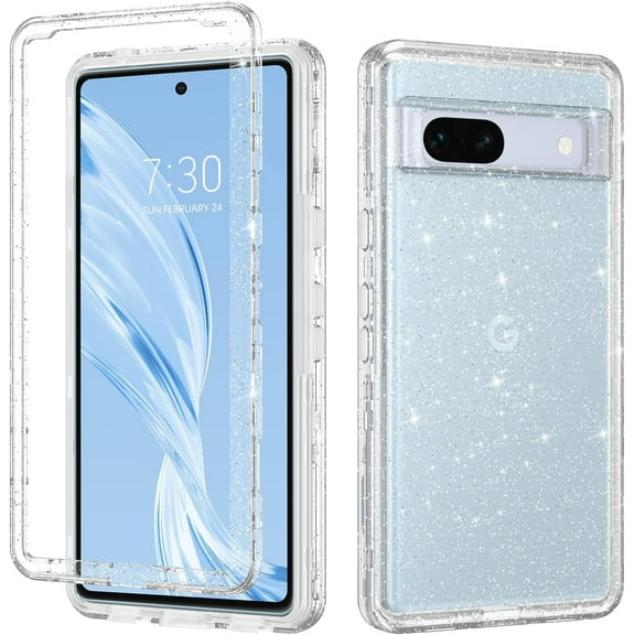 Google Pixel 7a Phone Case, Glitter Bling Sparkle 3 in 1 Heavy Duty Cover Hybrid Hard PC Rugged Shockproof Transparent Protective Phone Case for Pixel 7a, Clear