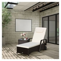 Wicker Chaise Lounge Chair with Wheels, Adjustable Reclining Patio Lounge, Cushions - Brown Rattan, White Cushions