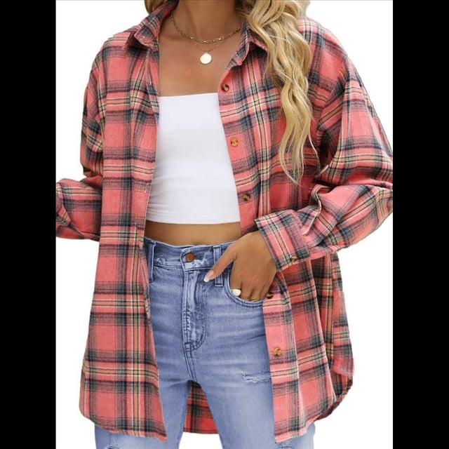 Camisas de Franela A Cuadros para Mujer, Blusas de Larga de Gran Tamaño con Botones, Tops. Rosa XL
