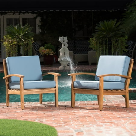 Noble House Aletta Outdoor Wooden Club Chairs with Cushions, Set of 2, Blue