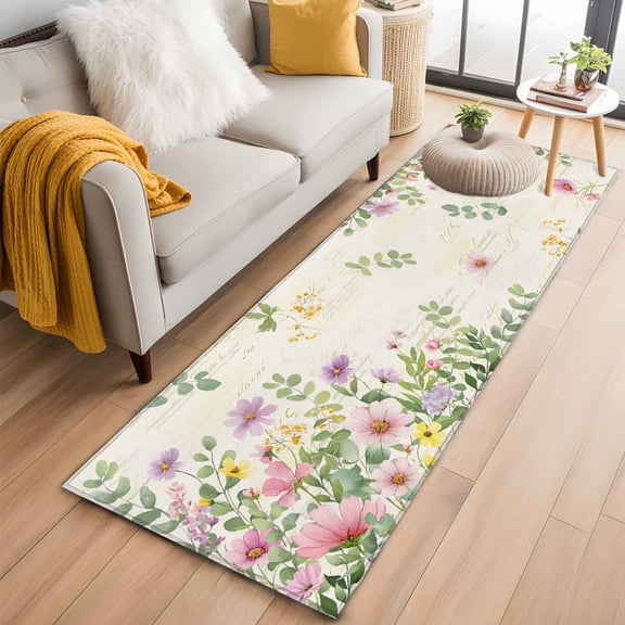 Pink Purple Flower 2'x6' Runner Rugs for Hallway Kitchen Bedside Non Slip, Spring Vintage Country Floral Leaf Plant Entryway Rug Runners with Rubber Backing, Long Carpet Runner for Laundry Room