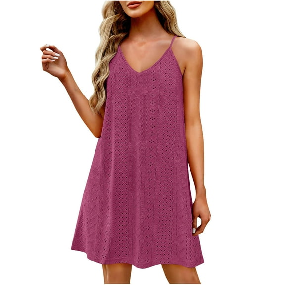 Spaghetti Strap V-Neck Solid Casual Dress for Women Eyelet Lace adn Scalloped Hem Swing Dress Breathable Shirt for Summer Outings