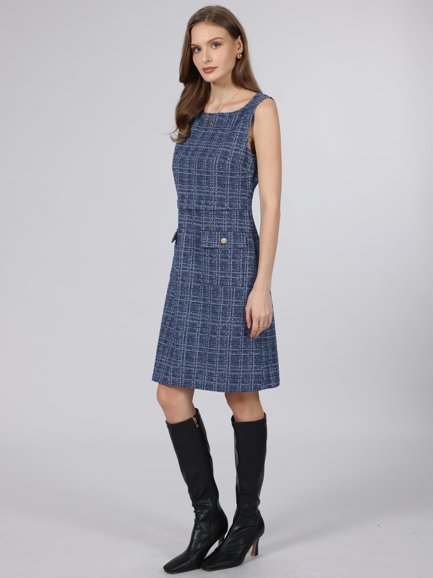 DARING DIVA Women's Sleeveless Elegant Tweed Boat Neck Sheath Dress M Navy Blue