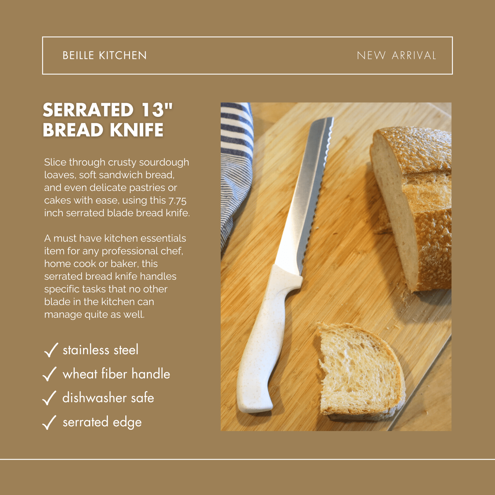 Beille 7.75 Inch Serrated Bread Knife with Stainless Steel Blade and Wheat Fiber Handle, Kitchen Essentials