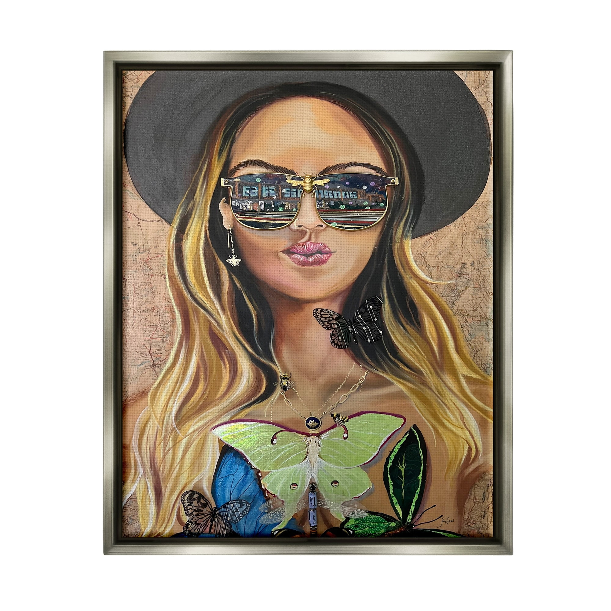 Stupell Industries Trendy Woman Luna Moth City Reflection Sunglasses Painting Luster Gray Floating Framed Canvas Print Wall Art, Design by Stacy Gresell