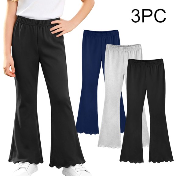 Spazoro Girls 3-Pack Flare Leggings, Breathable Stretchy Solid Color Elastic Waist Ruffled Leg Bootcut Trousers for Daily Wear Black Size 8-9