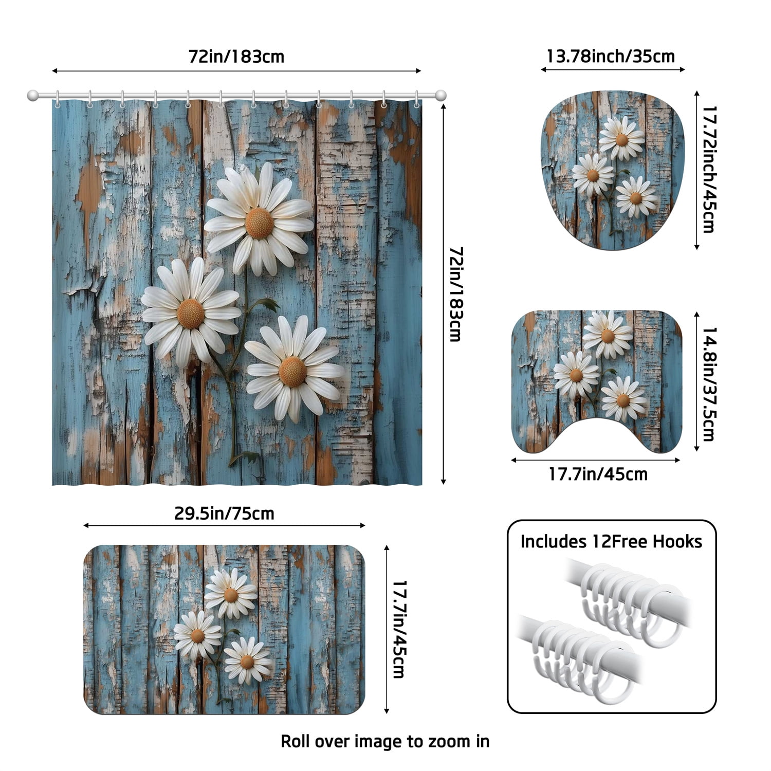 4pcs Rustic Wood and Blue Daisy Floral Farmhouse Shower Curtain Set