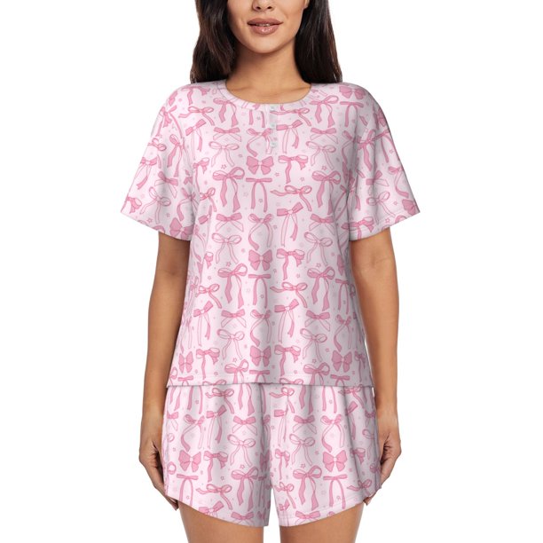 Fotbe Ribbon Bow Conjunto de Pijama Estampado para Mujer, 2 Piezas, Ropa de Dormir con Camiseta de Manga Corta y Shorts Suaves-Medium