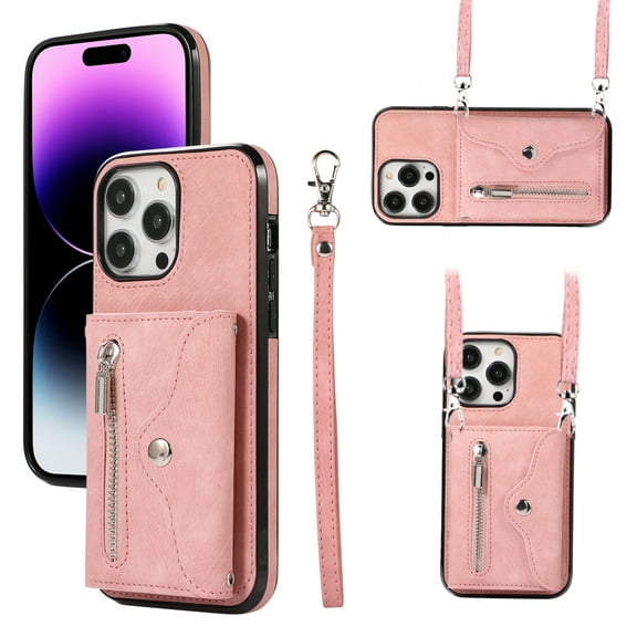 for iPhone 15 Pro Max Case with Zipper Card Holders and Crossbody Strap & Short Belt for Women, RFID Blocking PU Leather Button Flip Shockproof Wallet Case Cover for iPhone 15 Pro Max - Rosegold