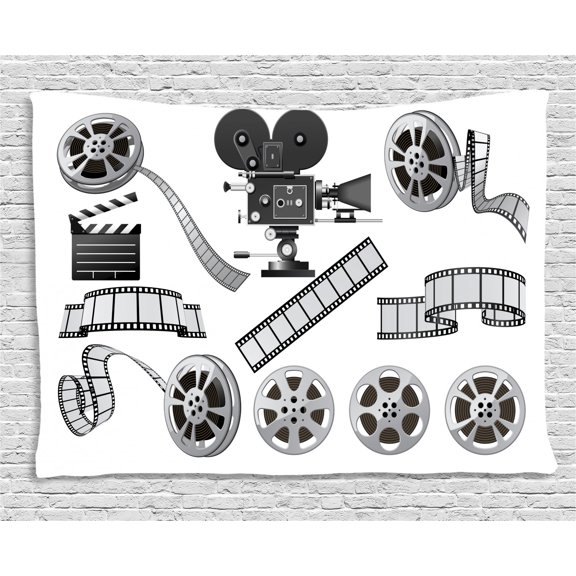 Movie Theater Tapestry, Movie Industry Themed Greyscale Illustration of Projector Film Slate and Reel, Wall Hanging for Bedroom Living Room Dorm Decor, 60W X 40L Inches, Grey Black, by Ambesonne