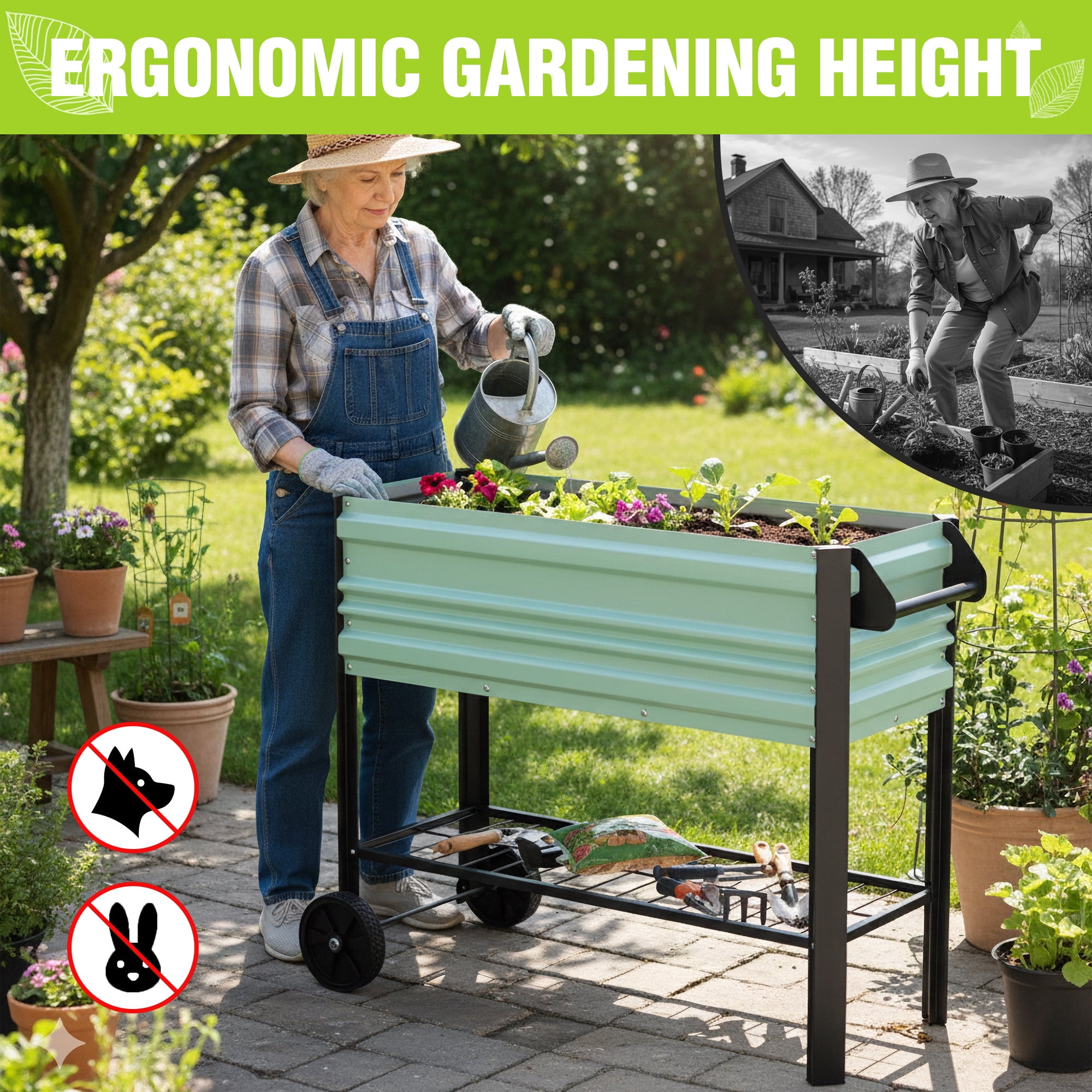 WORKPRO 37in Outdoor Galvanized Raised Garden Bed with Legs and Wheels -Light Green