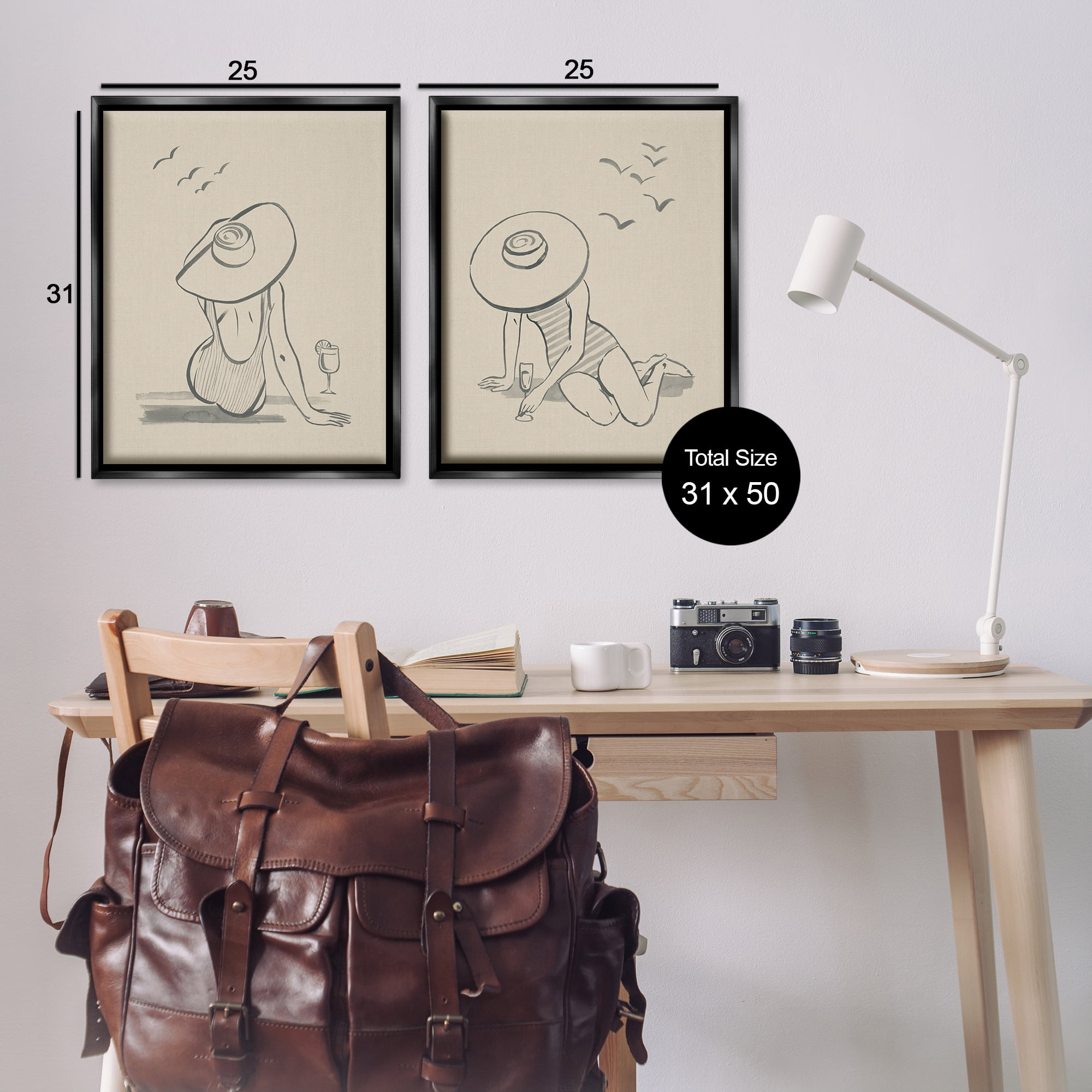 Stupell Industries Female Figure Drawing Poolside People Drawing Black Floater Framed Canvas Art Print Wall Art, 31 x 25, Set of 2