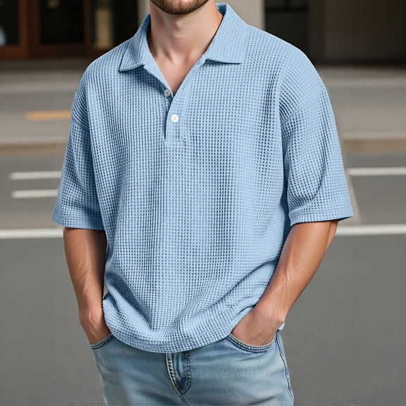 CHENHANN Mens Polo Shirts Short Sleeve Button Down Waffle T Shirt Basic Blue Men Casual Outfits