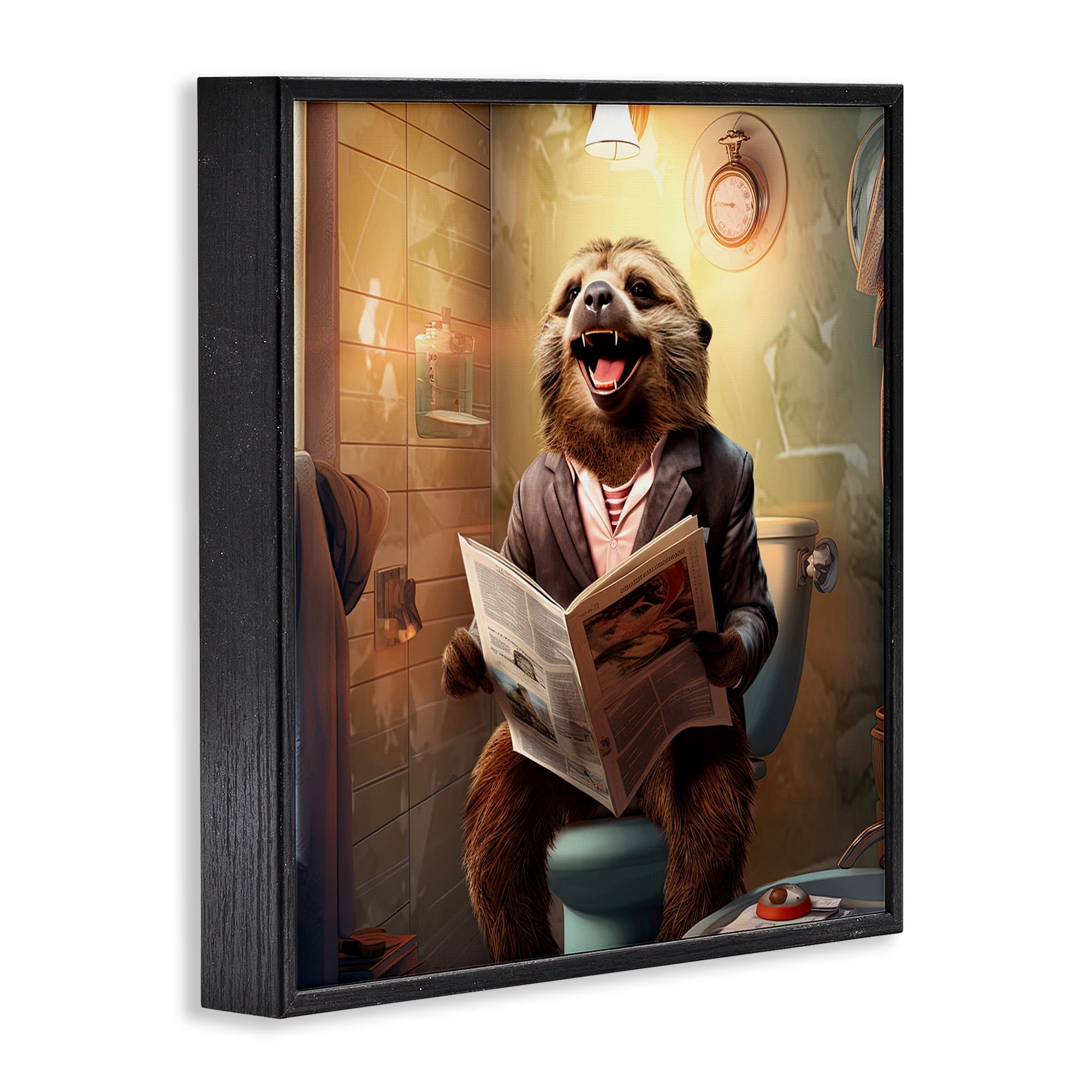 Stupell Industries Smiling Sloth on Toilet Typography Painting Black Framed Art Print Wall Art, 12 x 12