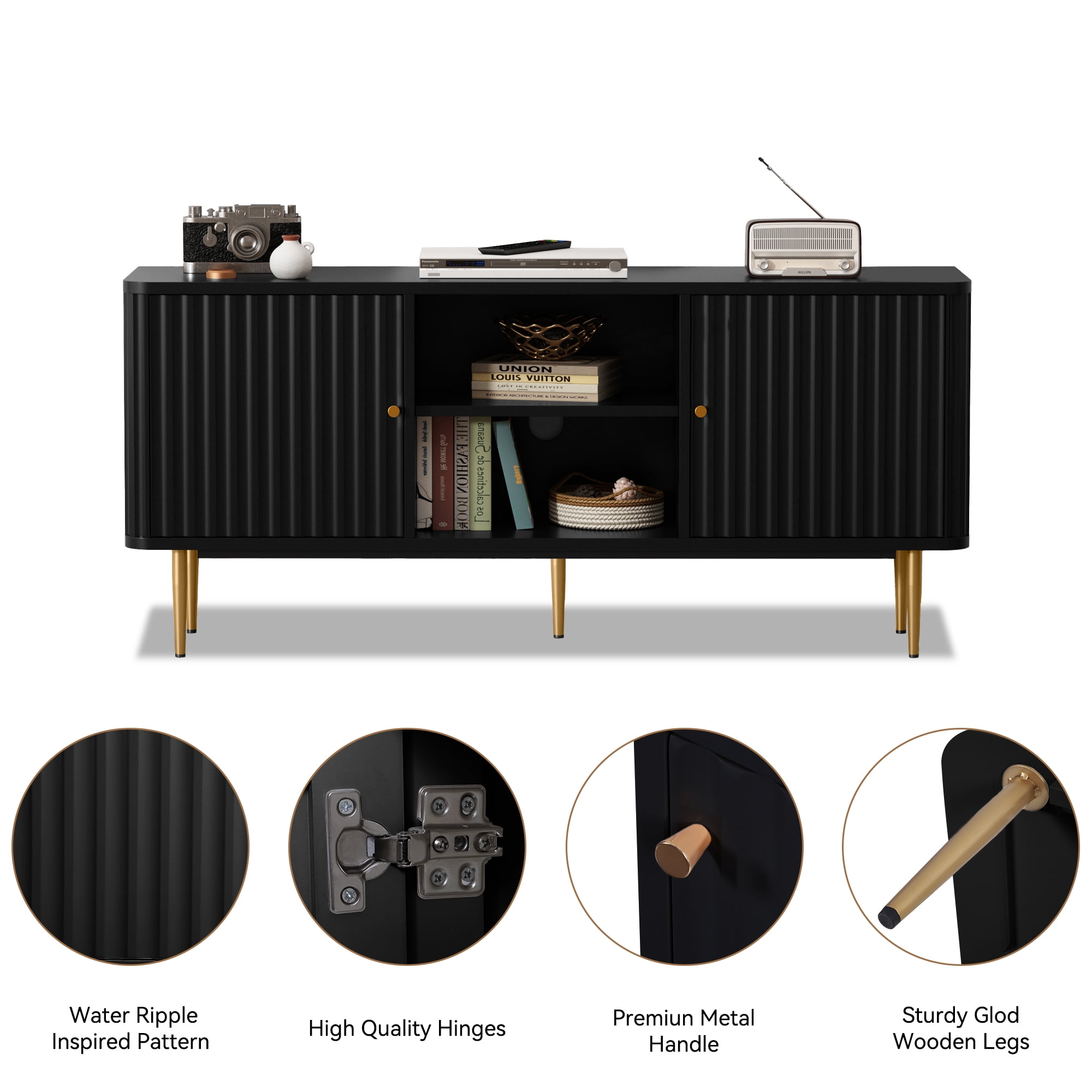 HLR Modern Fluted 55" TV Stand for 65 Inch TV with Storage, Entertainment Center for Living Room, Black