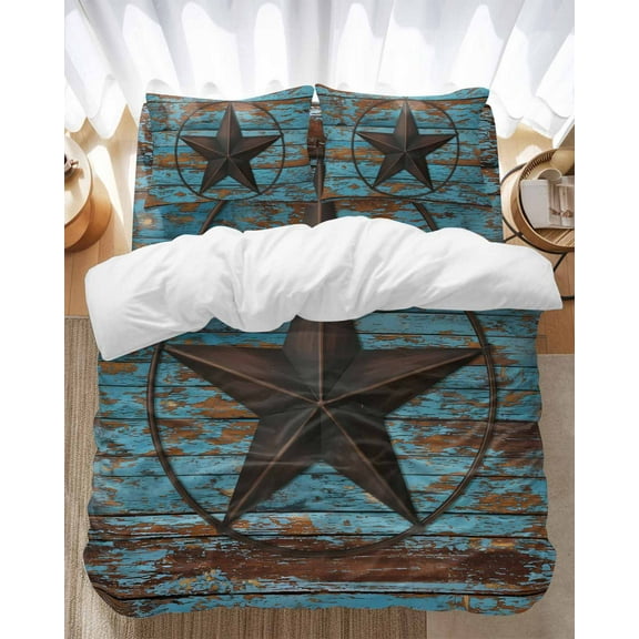 Western Texas Star Barn Bedding Duvet Cover Set Full Size 4 Pieces Rustic Teal Wood Grain Bedding Set with Zipper Closure, 1 Comforter Cover 86x86 Inches 1 Flat Sheet & 2 Pillow Cases