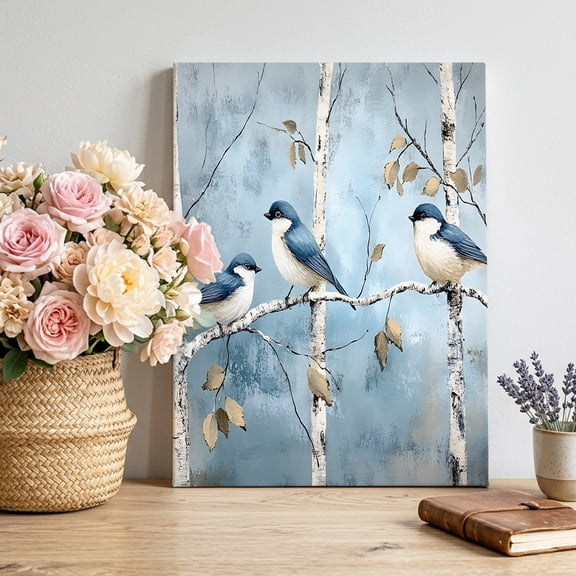 Canvas Wall Art Spring Blue Bird Canvas Art Print Oil Painting Tree Pictures Wall Decor for Living Room Bedroom Artwork Decorations Stretched Framed Ready to Hang 18"x24"