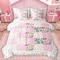 Homewish Cute Rustic Flower 7-Piece Twin Bedding Sets,Country Botanical Bedding Comforter Set,Pink Geometric Checkered Sheet Sets For Girls Kids,Breathable Home Decor Reversible