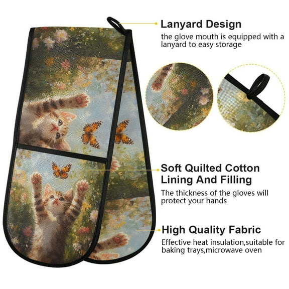 BZSMCE Oven Mitts Cat Catch Butterfly Painting Creative Pattern Resistant Kitchen Gloves