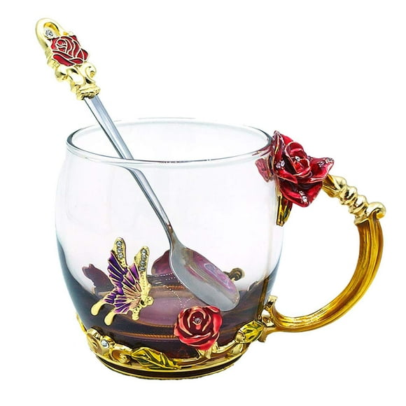 Freedo Tea Cup Coffee Mug Cups with Spoon Handmade Butterfly Rose Glass Coffee Cups Tea Mugs for Friend Wedding Anniversary Birthday Mother's Day Presents Red Short