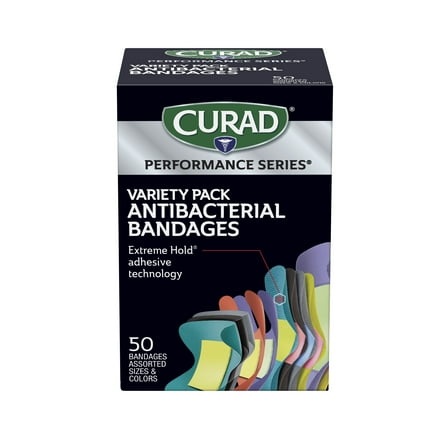 CURAD Performance Series Antibacterial Bandages, Extreme Hold, Assorted Sizes & Colors, 50 Count