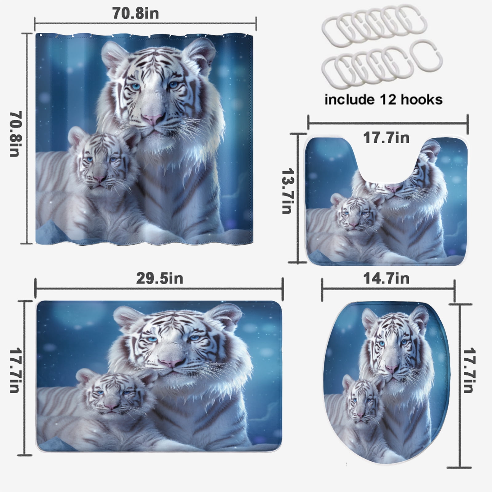 Tiger Shower Curtain Set Wildlife Animal Tiger Mom and Son Blue Starry Sky with Toilet Lid Cover, Bath Mat, Shower Curtains for Bathroom Rug Set, 72x72 Inch
