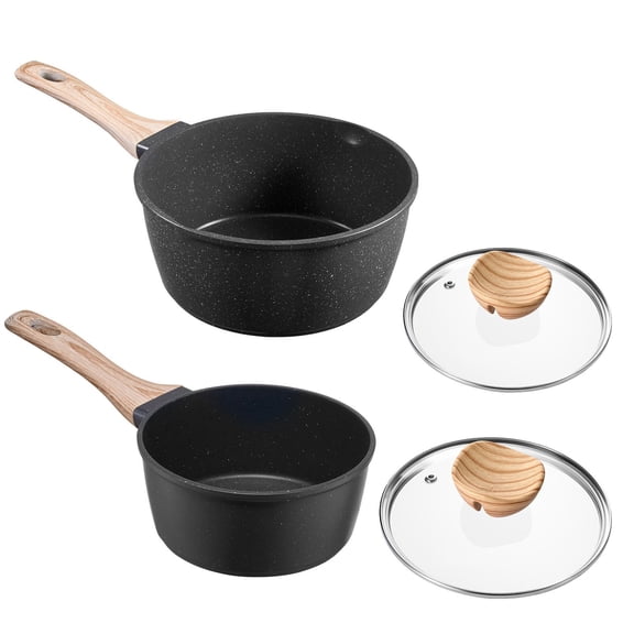 Nonstick Saucepan Set with Glass Lids, 1.5&2.5 QT Induction Cookware Pots, Detachable Handle Kitchen Pans for Versatile Cooking, Black Coating