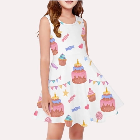 Amidoa Girls Summer Dresses Short Sleeve A-Line Flowy Dresses Floral Print Midi Casual Sundress White Size 14