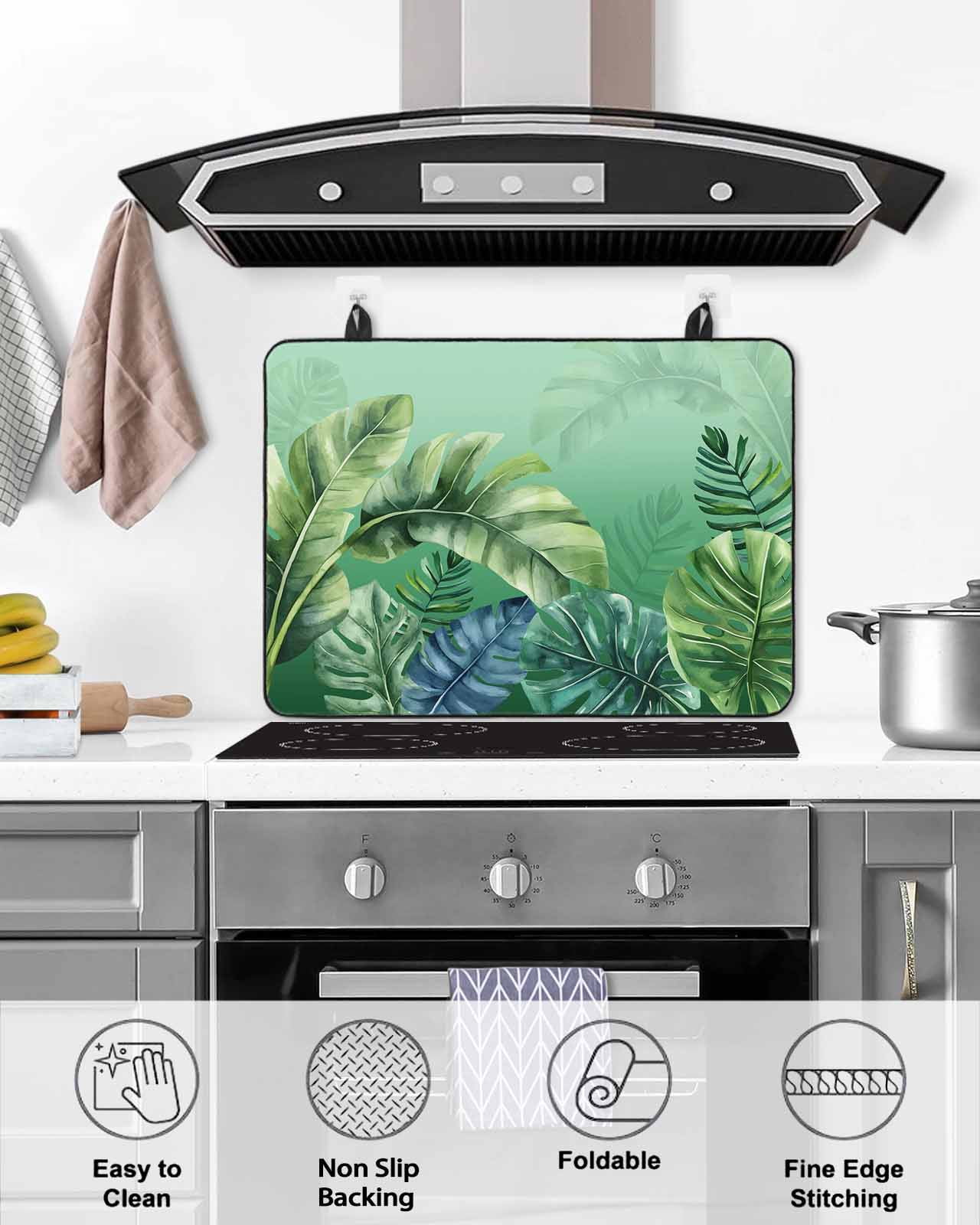 nqOlkjepod Large Induction Cooktop Protector Mat 24"x21", Tropical Leaves Stove Top Covers for Electric Stove, Country Summer Botanical Green Plants Stove Burner Cover Mats, Glass Top Stove Cover