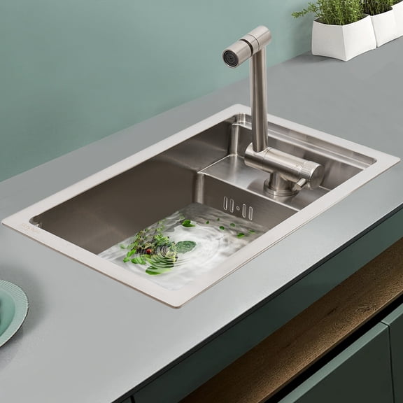 SENDERPICK STAINLESS STEEL SINGLE BOWL BAR SINK W/FOLDING FAUCET V-SHAPED DRAINPIPE