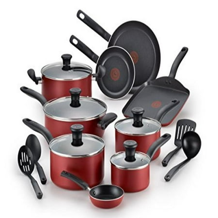 - T-fal, Initiatives Nonstick 18 Pc. Set, Dishwasher Safe Cookware, Red, B165SI64,