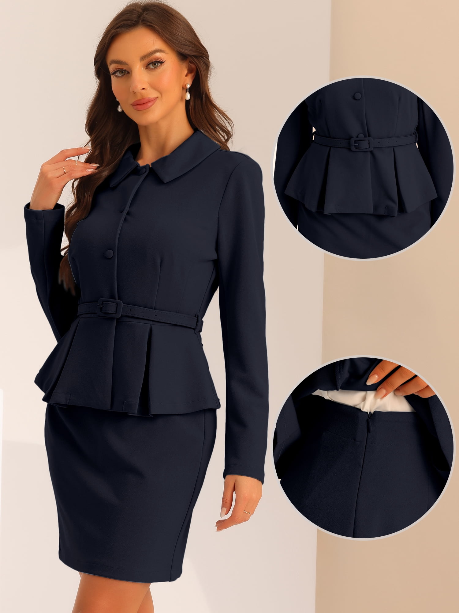 DARING DIVA 2Pcs Women's Peplum Blazer Jacket Mini Pencil Skirt Set S Navy Blue