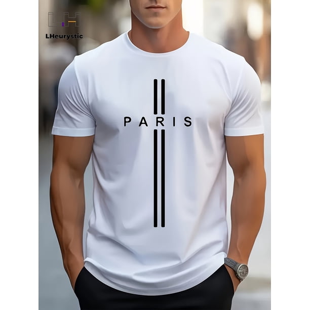 PARIS Print, Men's Graphic Design Crew Neck Active T-shirt, Casual Comfy Tees Tshirts For Summer, Men's Clothing Tops For Daily Gym Workout