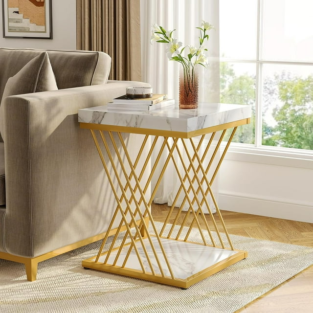 Tribesigns Table d'Appoint Carrée Blanc Or 2 Niveaux Table de Chevet Moderne avec Rangement
