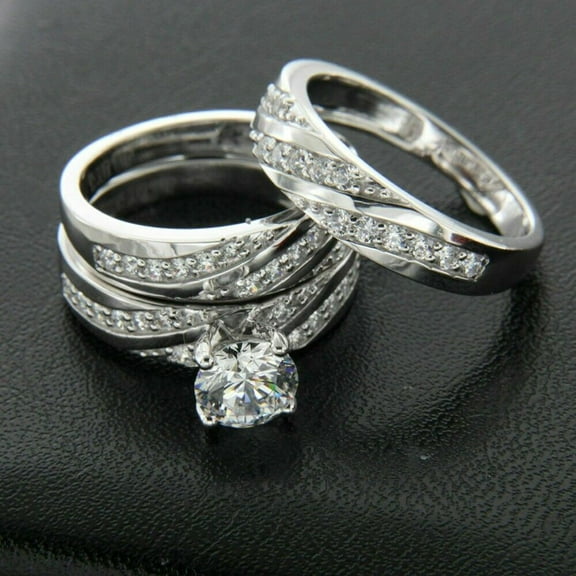 TAAPSEE JEWELS Cubic Zirconia Round Cut Engagement Trio Ring Set in 14K White Gold Plated His & Her
