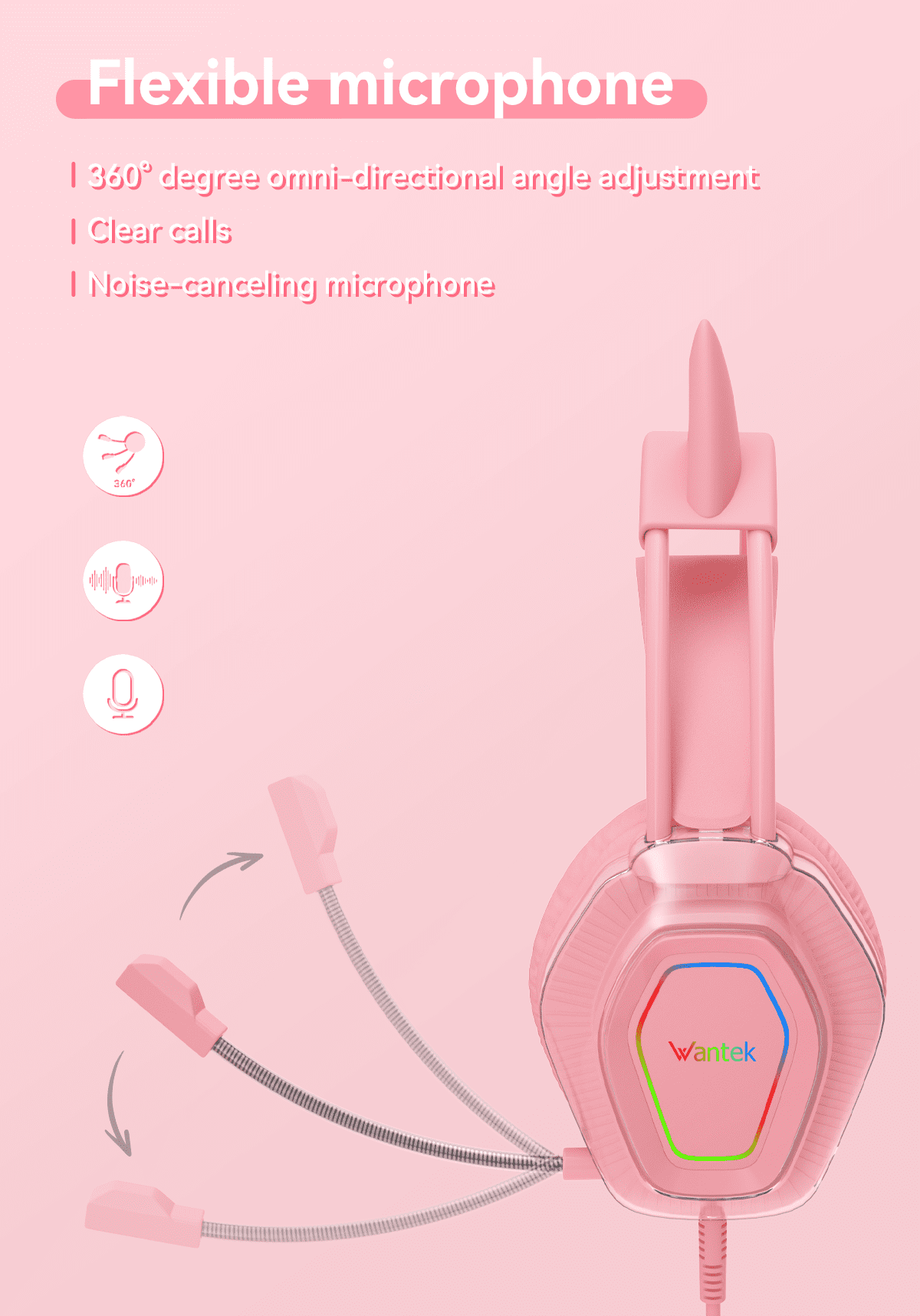 Wantek V10 Cat Ear Style Gaming Headset with comfortable fit and vibrant RGB lighting, Hi-Fi Sound - Pink