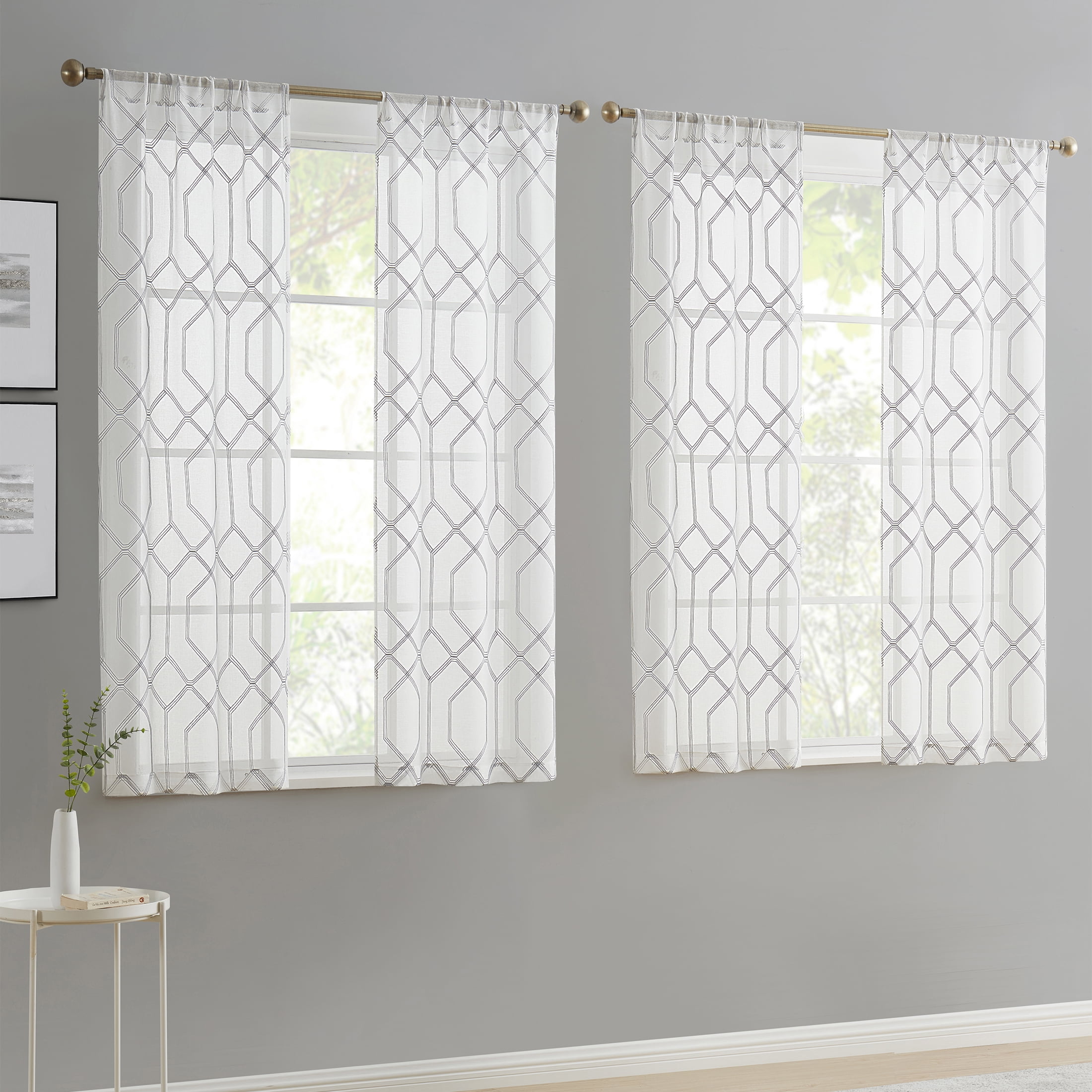 (2 pack) Mainstays Modern Geometric Embroidered Rod Pocket Sheer Curtains, Set of 4, Grey, 28" W x 54" L