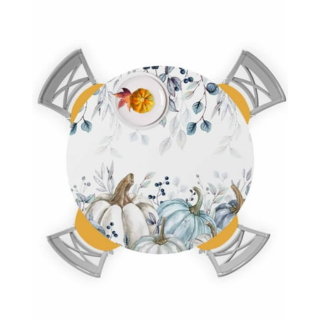 

Round Tablecloth with Elastic Thanksgiving Fall Blue Leaves Pumpkin Plants Waterproof Stain-proof Table Cover Wipeable Fitted Table Cloths for 36 -44 Round Tables Dining Kitchen