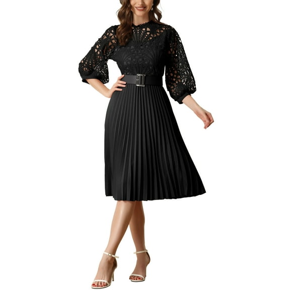 INSPIRE CHIC Women's Dress Floral Lace Sheer Mesh 3/4 Sleeves Belted Panel A-Line Pleated Dresses XS Black