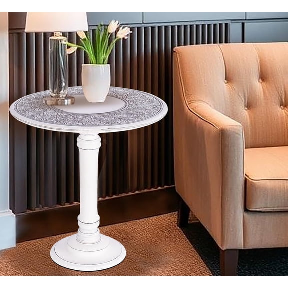 The Wooden Town Wood Round Side Table 18x22 Inch, Antique White Accent End Table for Living Room