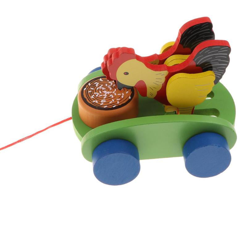 Child Learn Walking Gadget Pull String and Rooster Cock Peck Rice Wooden Toy 