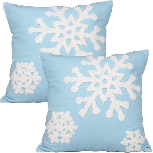 Funda de almohada de algodón con bendición navideña de 45x45cm para cama, sofá, cojín, fundas de almohada bordadas con copos de nieve para coche, 1 par de color azul
