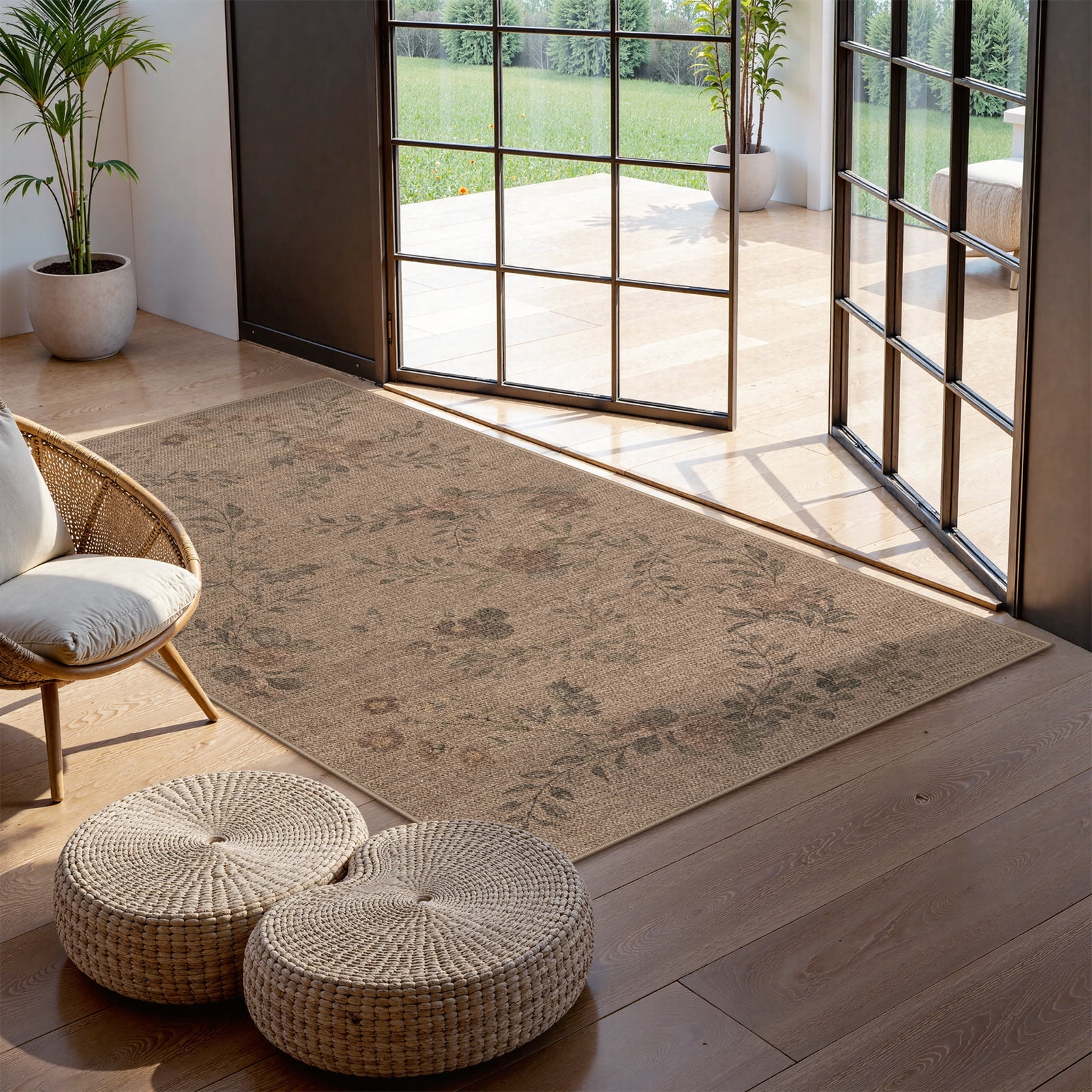 SUNDEREY 3'x5' Floral Easy Jute Rug,Area Rug 3x5ft Washable Bedroom Rug,Easy Jute Indoor Outdoor Carpet, Farmhouse Non Slip Khaki Floor Rug for Dining Room Office Entrance Kitchen,Vine&Fleur