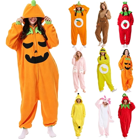 Tqyyweavej Pumpkin Onesie Pajamas for Women Fleece Zip Up Hooded Jumpsuit Cozy Long Sleeve Halloween Costume Loungewear with Pocekts
