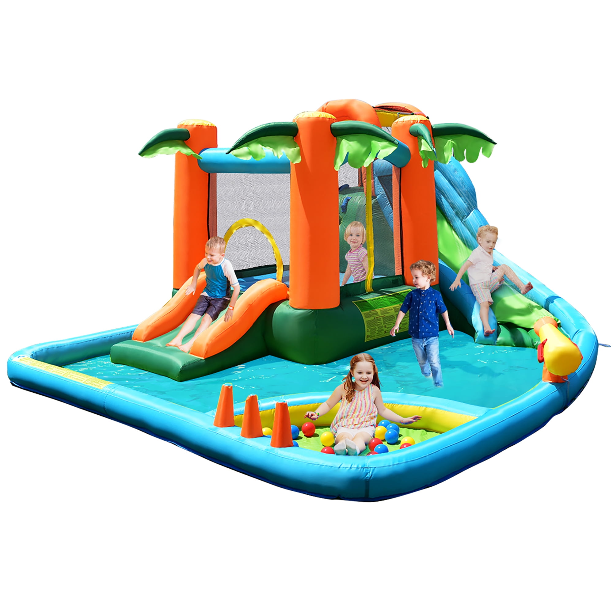 Inflatable Bounce House Kids Cartoon Castle Jumping Bouncer w/ Water Slide & Bag 
