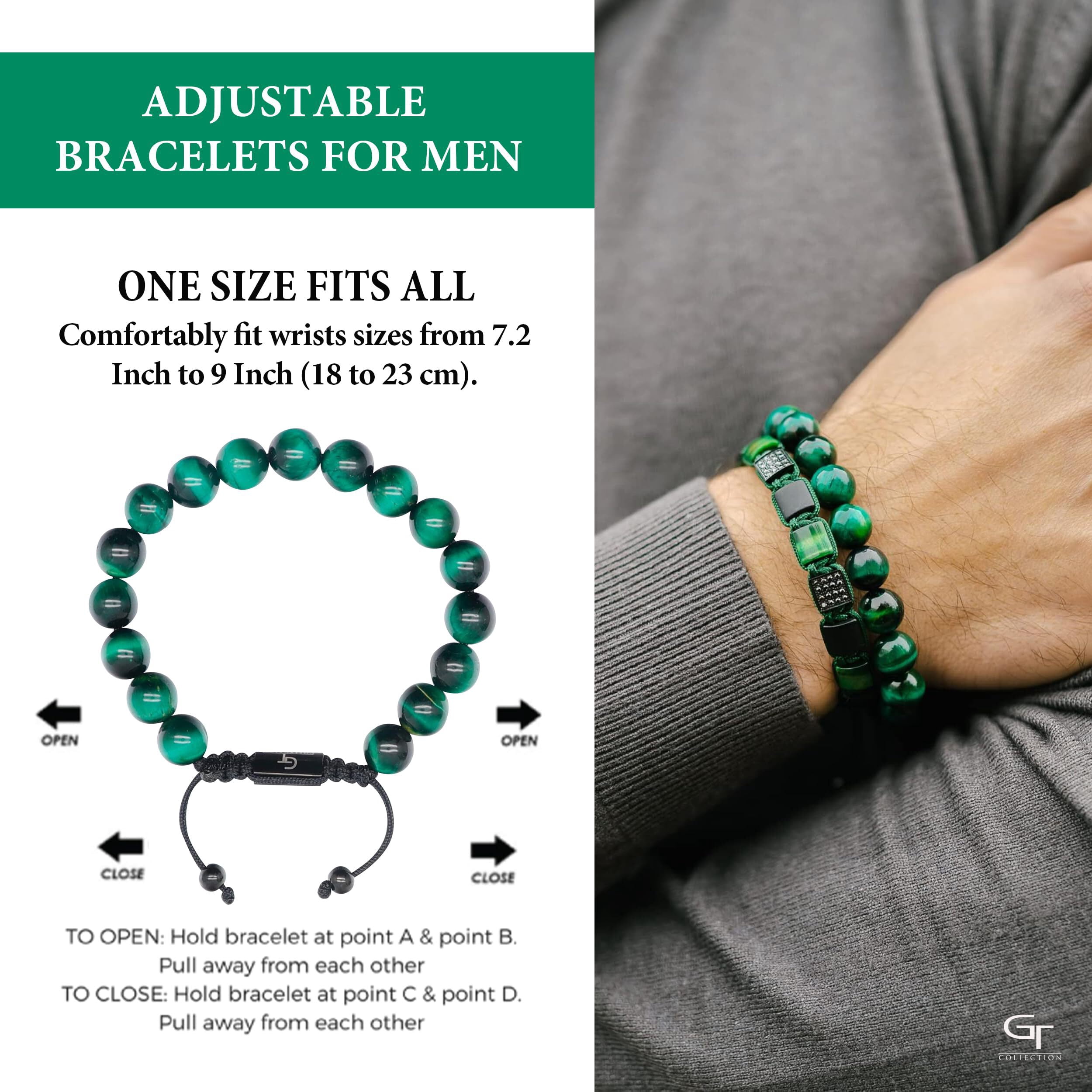 Men's GREEN TIGER EYE Beaded Bracelet | Gift for Men | One Size Fits All | 100% Natural | Gemstone Adjustable Bracelet