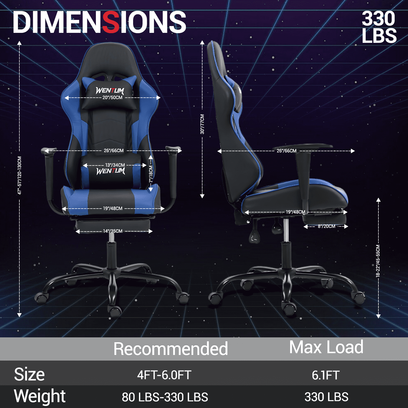 WENTUM Reclining Gaming Chair with Footrest, Massage Racing Office Chair, PU Leather Computer Desk Chair with Head Pillow for Adults, Blue