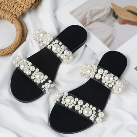 

Binmer Women s Leisure Vacation Beach Pearl Inlaid Transparent Flat Bottom Slippers